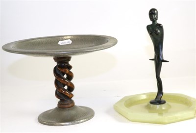 Lot 126 - A Tudric pewter tazza on oak support; and a bronze figural Art Deco ashtray
