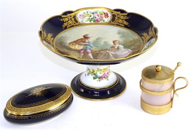 Lot 130 - Sevres style comport, Limoges porcelain box and a gilt metal mounted vaseline glass mustard pot and