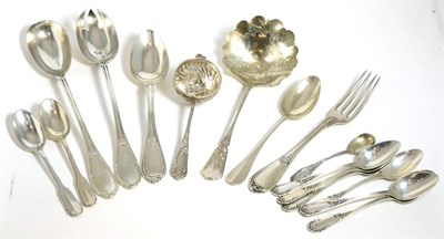 Lot 160 - A group of French white metal flatware including serving spoons; strainer; set of six...