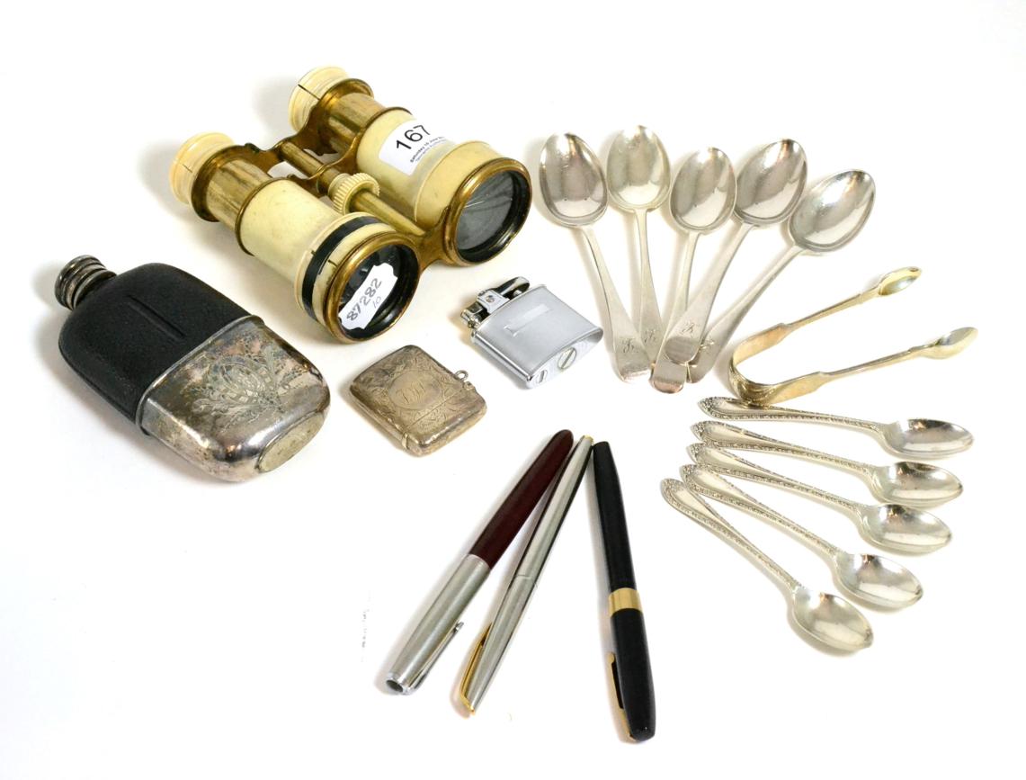 Lot 167 - Ten silver teaspoons, a pair of silver sugar nips, a pair of ivory binoculars, a silver vesta,...