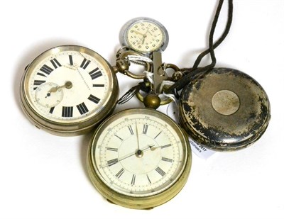 Lot 170 - Two silver open faced pocket watches, nickel plated pocket watch and a brooch fob watch (4)