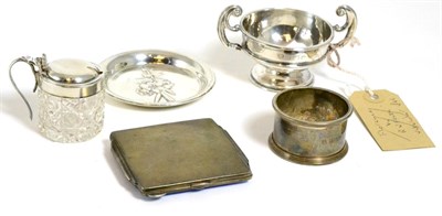 Lot 171 - A silver and enamel compact, silver dish, silver small trophy cup, silver topped mustard and a...