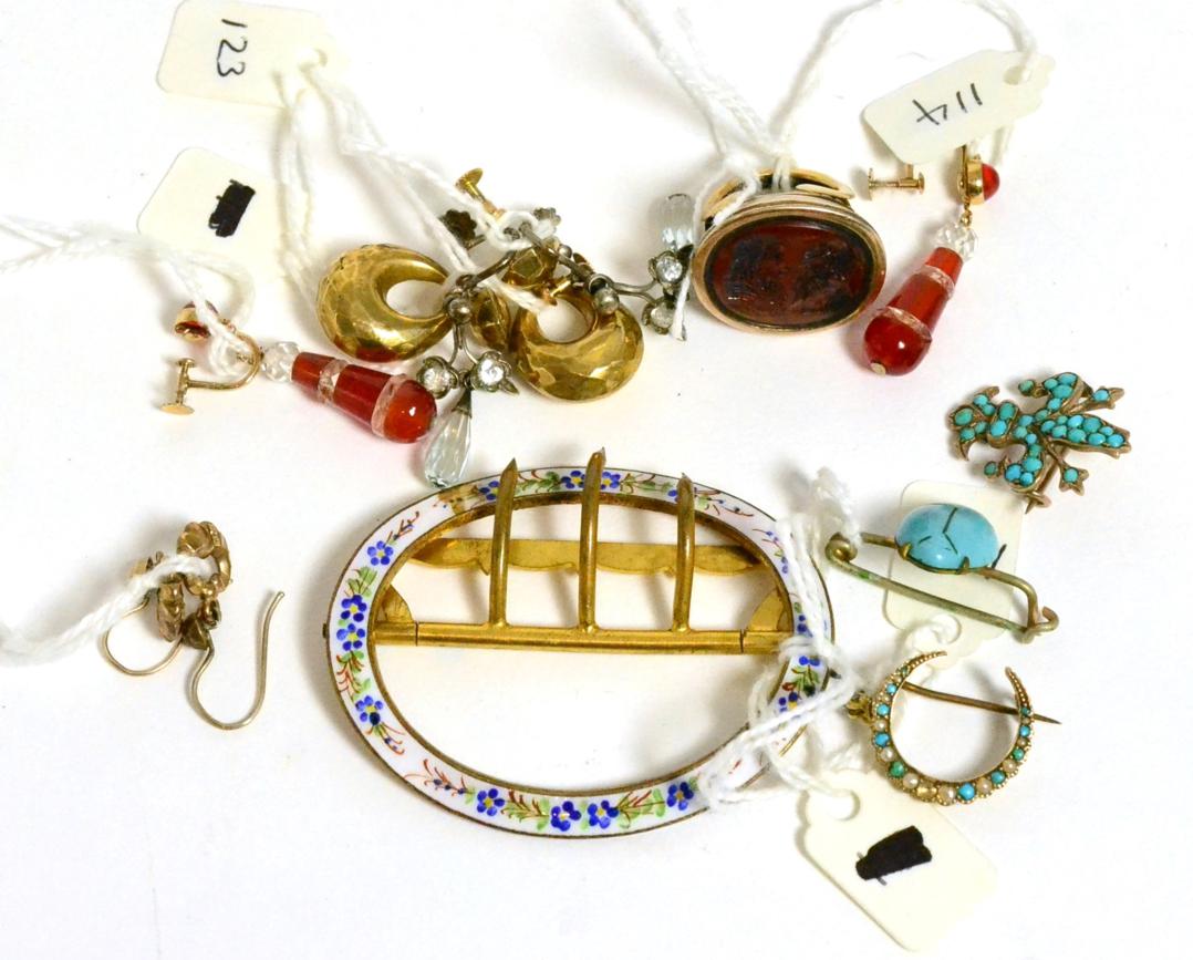 Lot 181 - Four pairs of earrings, a ring, three turquoise set brooches, a fob seal and an enamel buckle