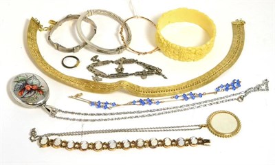 Lot 182 - A cameo bracelet, a bangle, an elephant hair ring, two silver bangles, a locket and costume...