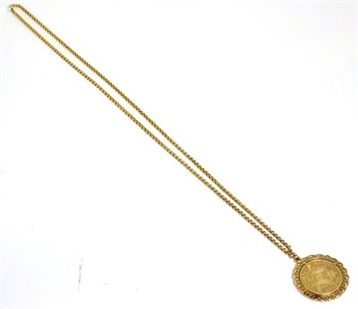 Lot 195 - A copy Napoleon III 100 Franc coin, loose mount in a 9ct gold frame, on a belcher chain stamped...