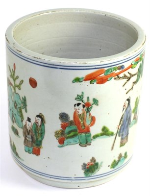 Lot 207 - A Chinese porcelain brush pot, Kangxi style, painted in famille verte enamels with figures and...