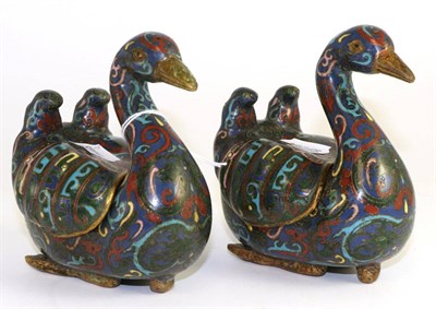 Lot 214 - A pair of Chinese cloisonne enamel figures of ducks, as boxes, each with cover