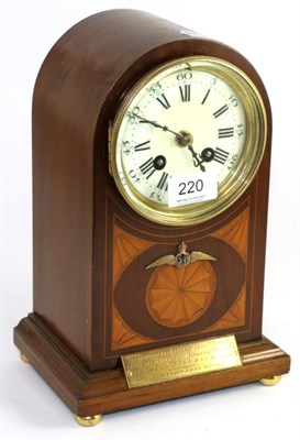 Lot 220 - An inlaid striking mantel clock with RAF presentation inscription to Flight Sergeant Vince,...