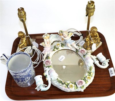 Lot 230 - Sitzendorf porcelain girandel surmounted by two putti, 31cm high; a pair of table lamps with...