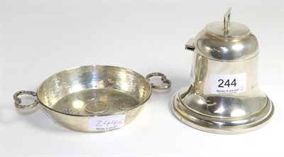 Lot 244 - A silver bell shaped inkwell, Birmingham, 1922 and a Continental white metal twin handled bowl,...