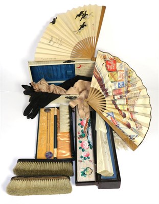 Lot 256 - Glove box and gloves, dressing table pieces, two scarf pins and an early 20th century fan