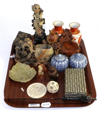 Lot 261 - Oriental items to include a late 19th century ivory puzzle ball, soapstone carvings, lacquer...