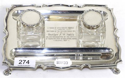 Lot 274 - A silver presentation inkstand with Masonic inscription, London 1906