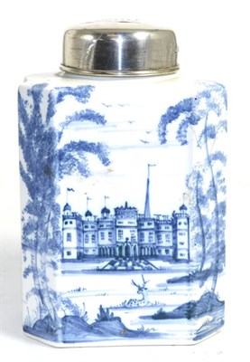 Lot 280 - A 20th century blue and white tea caddy of waisted form with silver cover