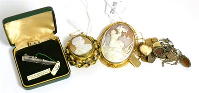 Lot 293 - A cameo brooch, mother and child another with heavy frame and smaller cameo (a.f.), a pair of...