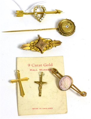 Lot 308 - An old cut diamond set stick pin, a coral cameo brooch, a paste set heart and arrow brooch, a...