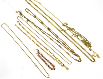 Lot 309 - A 9ct gold figaro link chain, a 9ct gold bracelet, a belcher chain, a gilt metal fancy link...