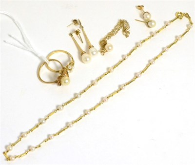 Lot 322 - Cultured pearl jewellery including two 9ct gold rings, two pairs of earrings and two 9ct gold...