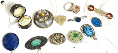 Lot 323 - A Scottish hardstone brooch, a Scottish hardstone padlock clasp, various brooches and a buckle