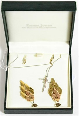 Lot 329 - A 9ct white gold diamond cross and earring set and a pair of 9ct gold earrings
