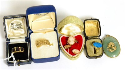 Lot 334 - A 9ct gold jade pendant, a cameo ring and pair of cameo earrings, a carved plaque ring, a 9ct...