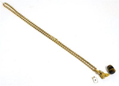 Lot 340 - A 9ct gold chain with nugget pendant, a tiger's eye barrel shaped charm and a 9ct gold and...