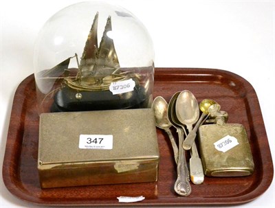 Lot 347 - A Scottish silver cigarette box Hamilton & Inches, a silver hip flask, a Maltese silver model...