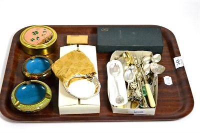 Lot 348 - A pair of cloisonne enamel ashtrays, enamel lidded box and cover initialled MB by Tutin, two Dupont