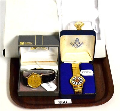 Lot 350 - A 9ct gold Roamer wristwatch, lady's plated bracelet wristwatch signed Seiko with boxes and a...