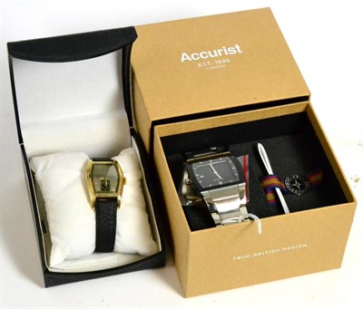 Lot 359 - A curved gold plated and steel wristwatch, signed Bulova and an Accurist wristwatch with box (2)