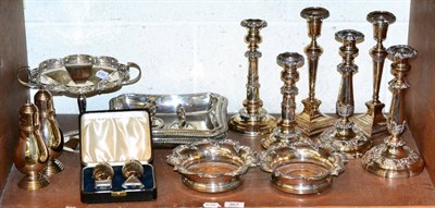 Lot 367 - Assorted silver plate to include Old Sheffield plate candlesticks; a pair of wine coasters;...