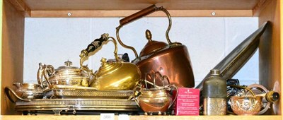 Lot 388 - Silver plated oval tray, with wood insert, three piece Victorian tea service, pewter charger...