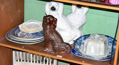 Lot 405 - A 19th century Copeland cheese dish and cover, a salt glazed stoneware spaniel, a pair of...
