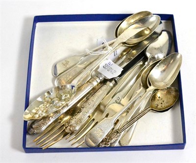 Lot 409 - Eight fiddle pattern silver teaspoons; other assorted fiddle pattern, further teaspoons etc