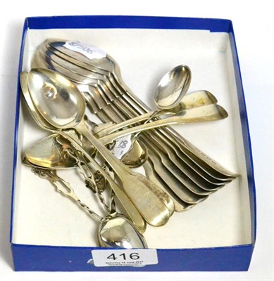 Lot 416 - A set of seven Victorian silver fiddle pattern dessert spoons, London 1845; set of five...