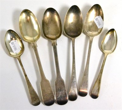 Lot 419 - Four Georgian silver tablespoons and dessert spoon; and a Victorian silver dessert spoon (6)