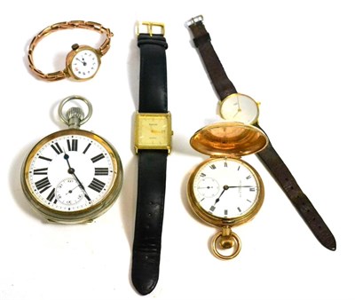 Lot 425 - A 9ct gold lady's wristwatch, a gold plated full hunter pocket watch, a large open faced pocket...