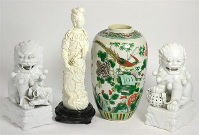 Lot 433 - A Chinese famille verte porcelain vase, a Blanc de Chine figure and pair of temple dogs