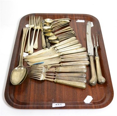 Lot 441 - A group of George III and later silver flatware inlcuding two bottom marked gravy spoons, a service