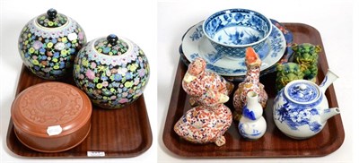 Lot 444 - Oriental ceramics including blue and white export plate with Nanking Cargo label, pottery box...