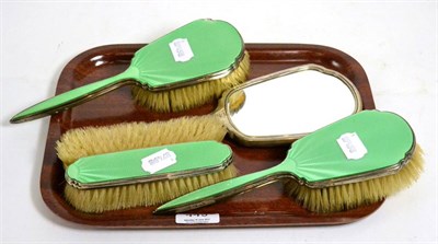 Lot 449 - Silver and enamel five piece dressing table brush set