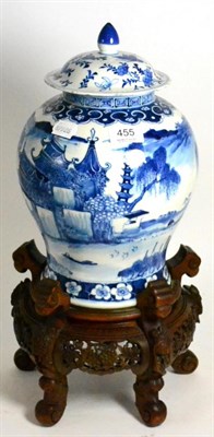 Lot 455 - A Chinese blue and white porcelain jar and cover with associated stand (a.f.)
