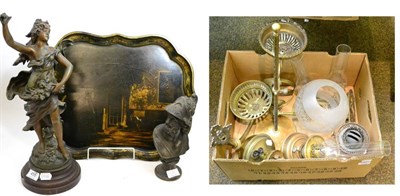 Lot 458 - A Victorian papier mache tray by B.Walton & Co, together with assorted light and oil lamp fittings