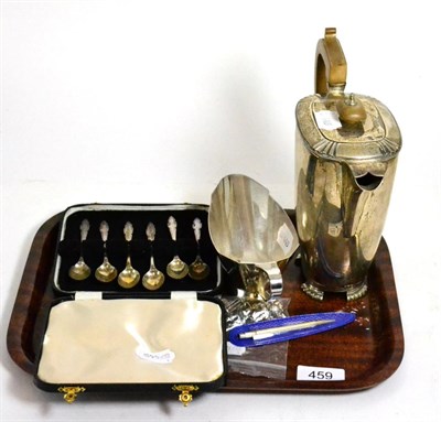 Lot 459 - Silverwares including a hot water jug, sauce boat, cased coffee spoons, charms and propelling...