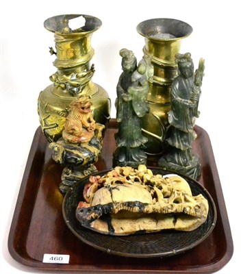 Lot 460 - A pair of oriental metal ware vases and a group of Chinese stone carvings