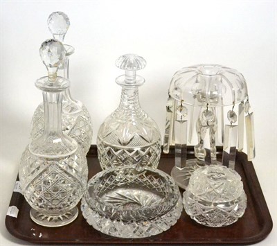 Lot 461 - A pair of cut glass decanters, one other, a heavy glass ashtray, a candlestick lustre etc