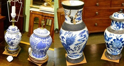 Lot 478 - Two Chinese blue and white vases together with two blue and white table lamps (a.f.)