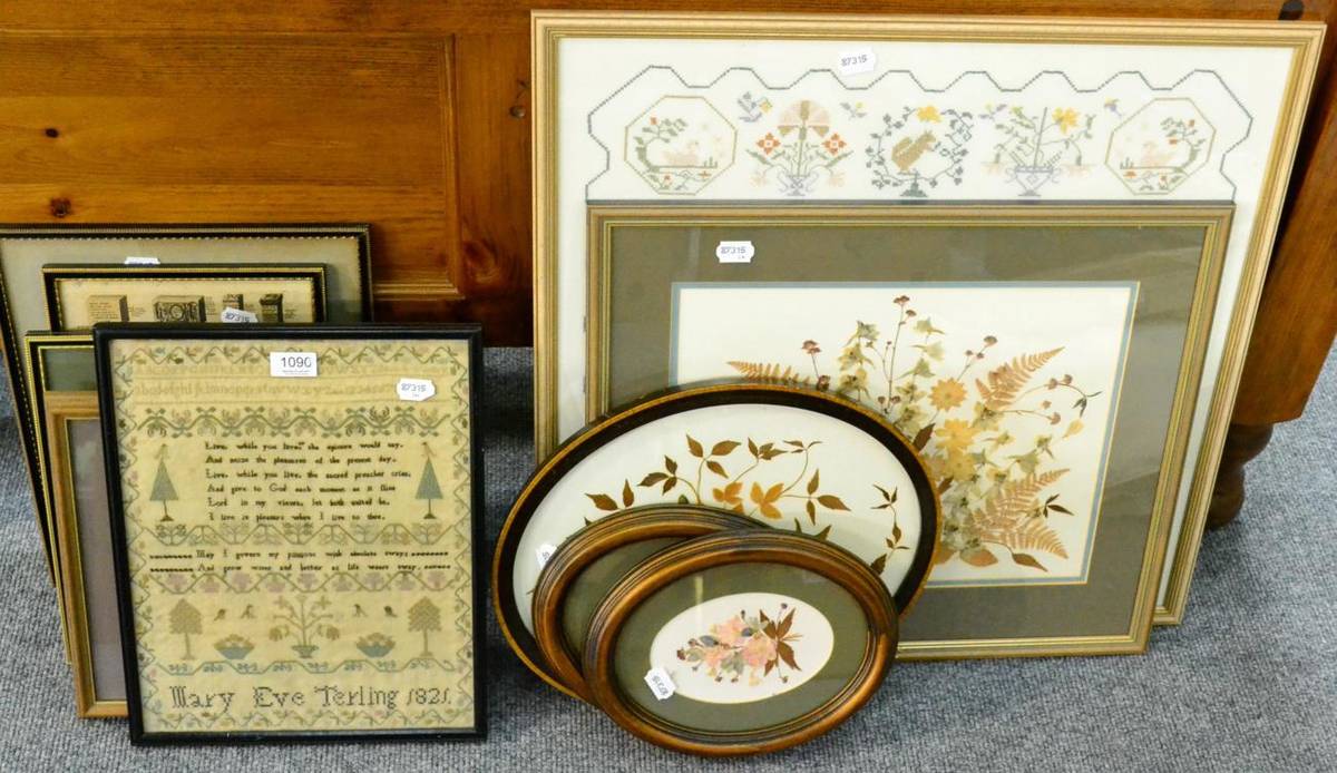 Lot 1090 - Framed alphabet sampler by Mary Eve Terling, dated 1821; two maps of Northumberland; map of...