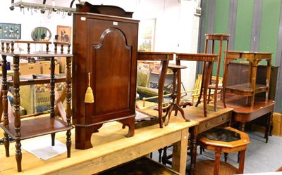 Lot 1114 - Reproduction oak glass top lamp table, pair of reproduction mahogany side tables, pedestal wine...