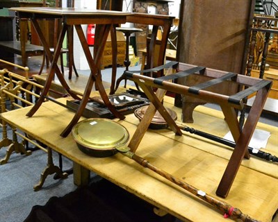 Lot 1120 - Two warming pans, folding table and two wall mirrors and a set of oak wall hanging shelves